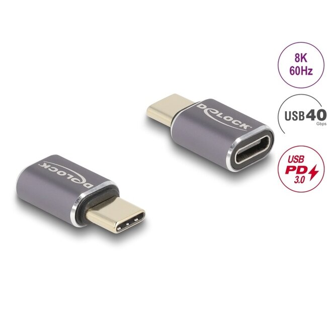 Delock USB Adapter 40 Gbps USB Type-C™ PD 3.0 100 W male to female port saver 8K 60 Hz metal