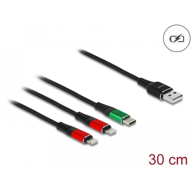 Delock USB Charging Cable 3 in 1 Type-A to 2 x Lightning™ / USB Type-C™ 30 cm