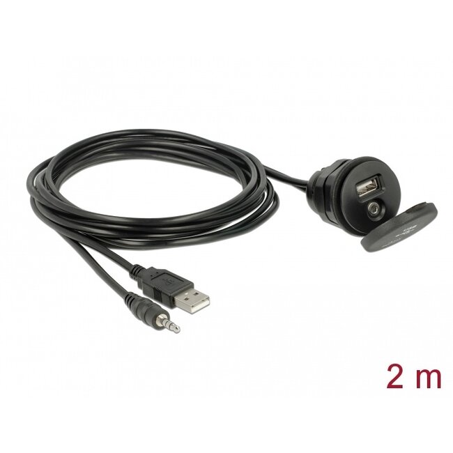 Delock Cable USB Type A male + 3.5 mm 4 pin stereo jack male > female bulkhead with closure cap USB Type A female + 3.5 mm 4 pin female (audio) 2 m black