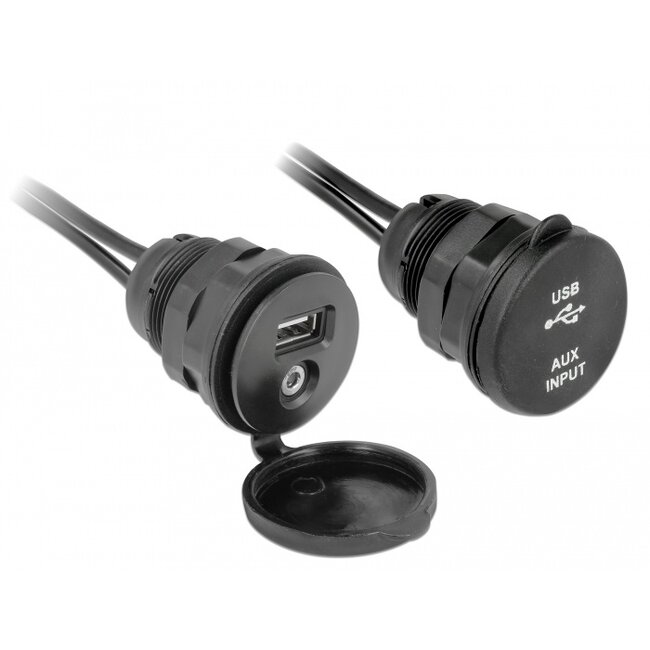 Delock Cable USB Type A male + 3.5 mm 4 pin stereo jack male > female bulkhead with closure cap USB Type A female + 3.5 mm 4 pin female (audio) 2 m black