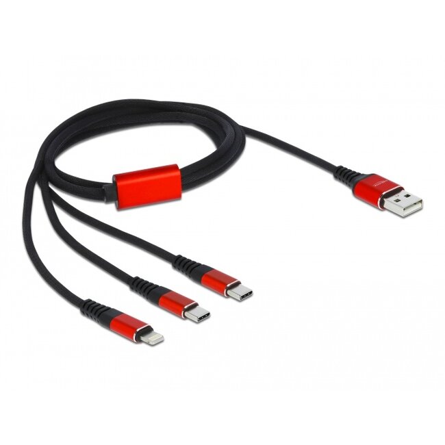 Delock USB Charging Cable 3 in 1 Type-A to Lightning™ / 2 x USB Type-C™ 1 m black / red