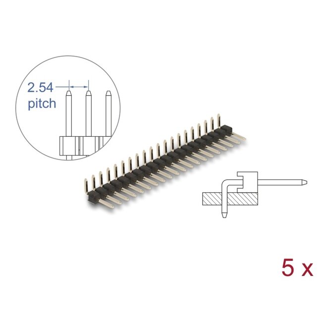 Delock Pin header 20 pin, pitch 2.54 mm, 1-row, angled, 5 pieces