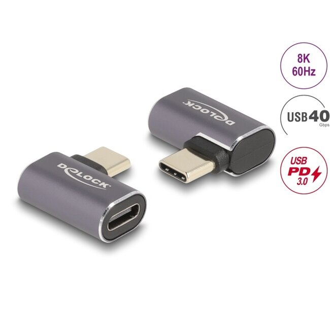 Delock USB Adapter 40 Gbps USB Type-C™ PD 3.0 100 W male to female angled left / right 8K 60 Hz metal