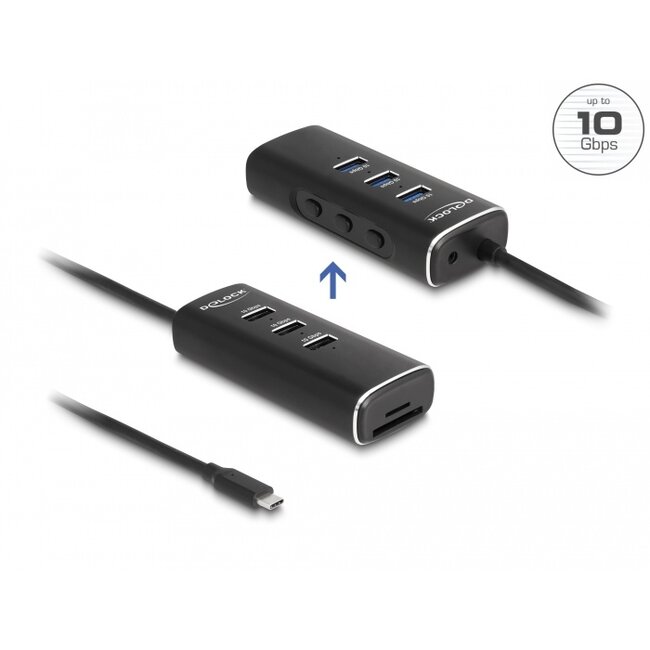Delock 3 Port USB 10 Gbps Hub including SD and Micro SD Card Reader with USB Type-C™ connector 60 cm Cable and Switch for each port