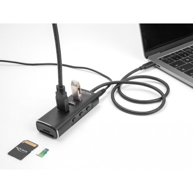 Delock 3 Port USB 10 Gbps Hub including SD and Micro SD Card Reader with USB Type-C™ connector 60 cm Cable and Switch for each port