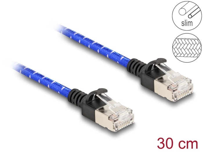 Delock RJ45 Network Cable with braided coating Cat.6A U/FTP Slim 0.3 m blue |