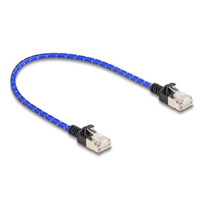 Delock RJ45 Network Cable with braided coating Cat.6A U/FTP Slim 0.3 m blue