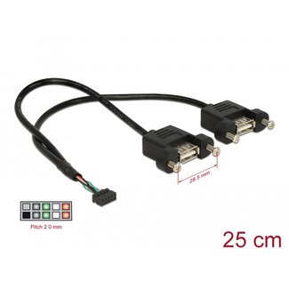 DeLOCK Delock Cable USB 2.0 pin header female 2.00 mm 10 pin > 2 x USB 2.0 Type-A female panel-mount 25 cm