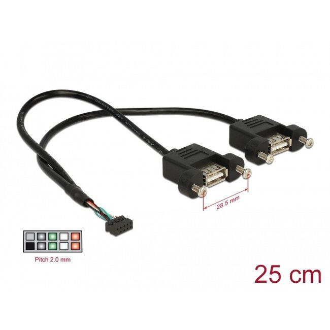 Delock Cable USB 2.0 pin header female 2.00 mm 10 pin > 2 x USB 2.0 Type-A female panel-mount 25 cm