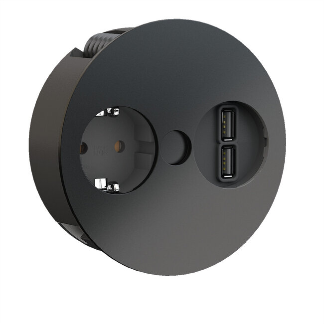 BACHMANN TWIST 1x geaard stopcontact, adereindhulzen, USB oplader, geaarde inbouwstekker, zwart, 2 m