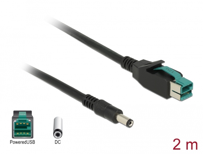 DeLOCK 85498. Lengte snoer: 2 m, Geslacht connector: Mannelijk/Mannelijk, Aansluiting 1: PoweredUSB, Kleur kabel: Zwart