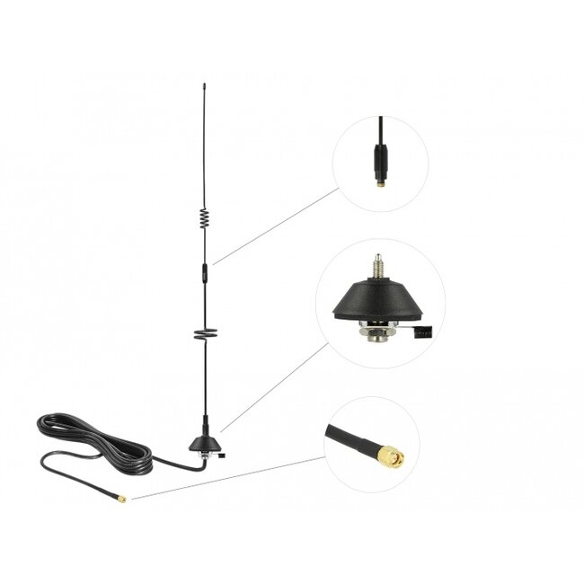 Delock LTE Antenna SMA plug 5 - 7 dBi fixed omnidirectional with mounting base and connection cable RG-58 3 m wall mount outdoor black