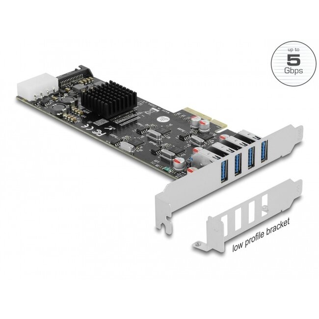 Delock PCI Express x4 Card to 4 x external SuperSpeed USB 5 Gbps (USB 3.2 Gen 1) USB Type-A female Quad Channel - Low Profile Form Factor