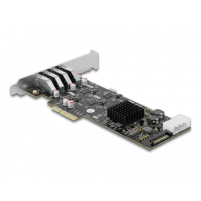 Delock PCI Express x4 Card to 4 x external SuperSpeed USB 5 Gbps (USB 3.2 Gen 1) USB Type-A female Quad Channel - Low Profile Form Factor