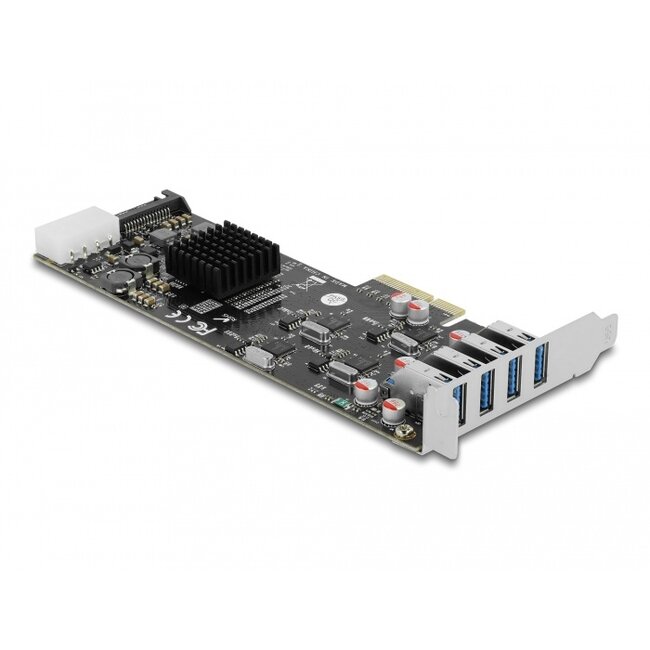 Delock PCI Express x4 Card to 4 x external SuperSpeed USB 5 Gbps (USB 3.2 Gen 1) USB Type-A female Quad Channel - Low Profile Form Factor
