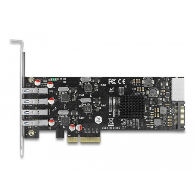 Delock PCI Express x4 Card to 4 x external SuperSpeed USB 5 Gbps (USB 3.2 Gen 1) USB Type-A female Quad Channel - Low Profile Form Factor