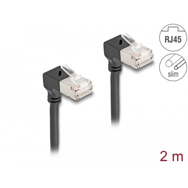 Delock RJ45 Network Cable Cat.6A S/FTP Slim 90° downwards / downwards angled 2 m black