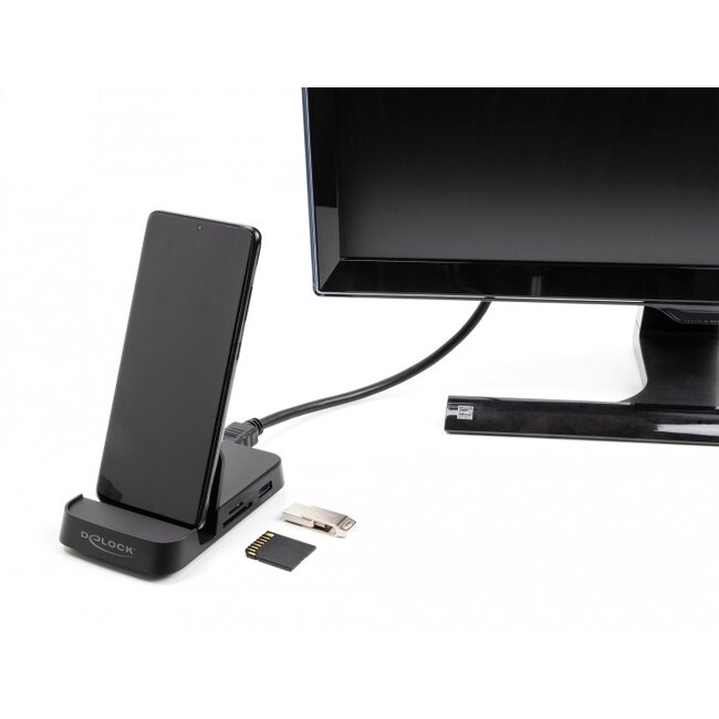 Delock Smartphone Docking Station 4K with integrated holder - HDMI / USB / Hub / SD / Micro SD for Android or Windows