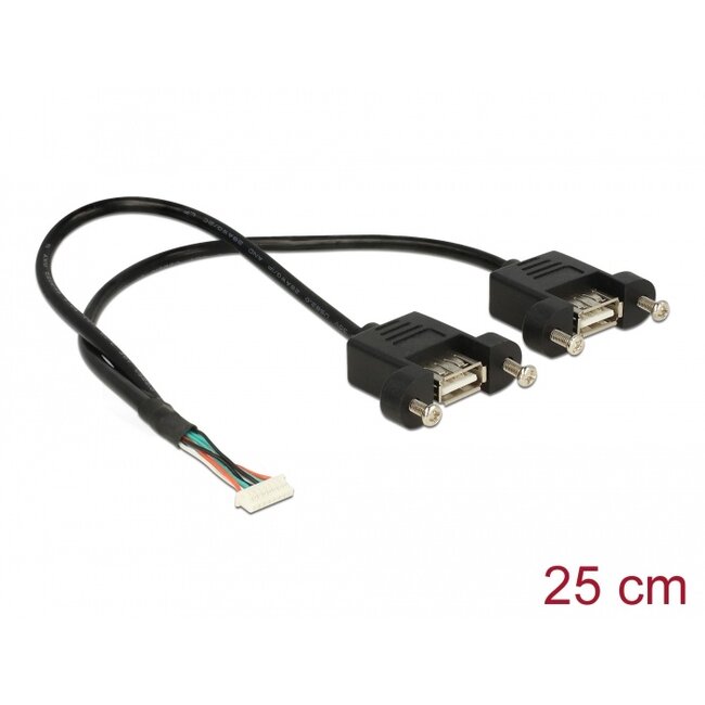 Delock Cable USB 2.0 pin header female 1.25 mm 8 pin > 2 x USB 2.0 Type-A female panel-mount 25 cm