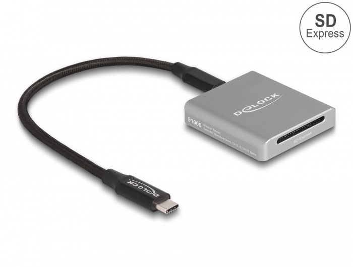 DeLOCK 91006. Compatibele geheugenkaarten: SD, Kleur van het product: Grijs, Overdrachtssnelheid: 10000 Mbit/s. Breedte: 41 mm, Diepte: 45 mm, Hoogte: 9 mm. Aantal per verpakking:
