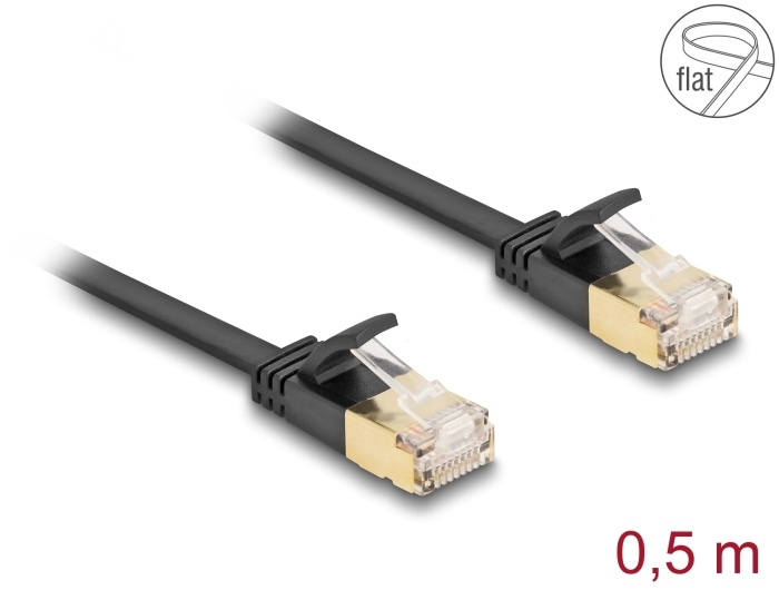 Delock RJ45 Network Cable Cat.6A plug to plug with robust latch and Cat.7 raw flat cable U/FTP 0.5 m black |