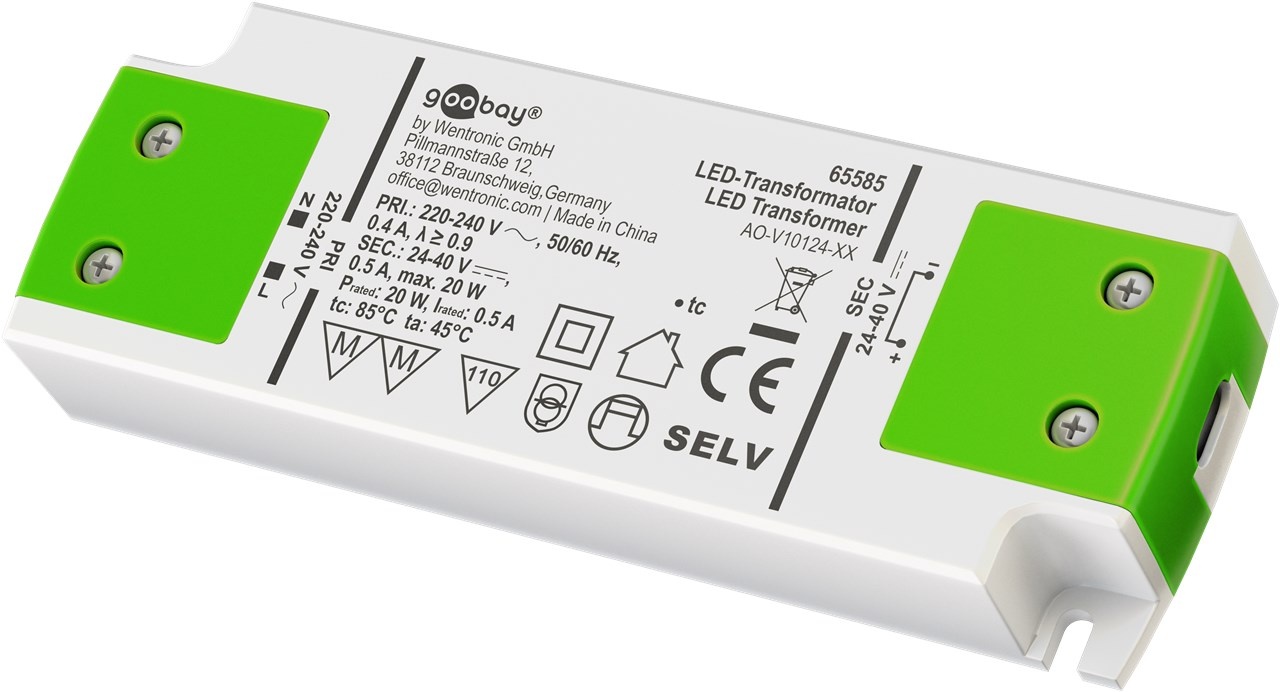 LED Transformator met constante stroom - 24-40 volt - 500 mA - Tot 20 watt - Wit