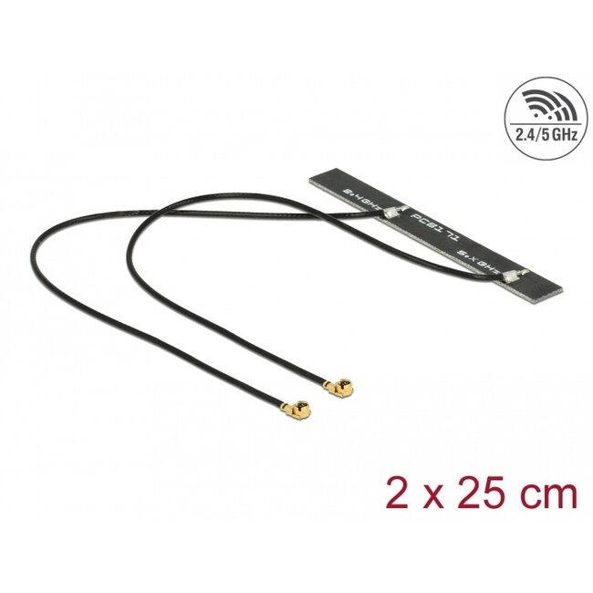 Delock Dual Band WLAN WiFi 6 Twin Antenna 2 x I-PEX Inc., MHF® I plug 5 dBi 2 x 50 cm PCB internal self adhesive