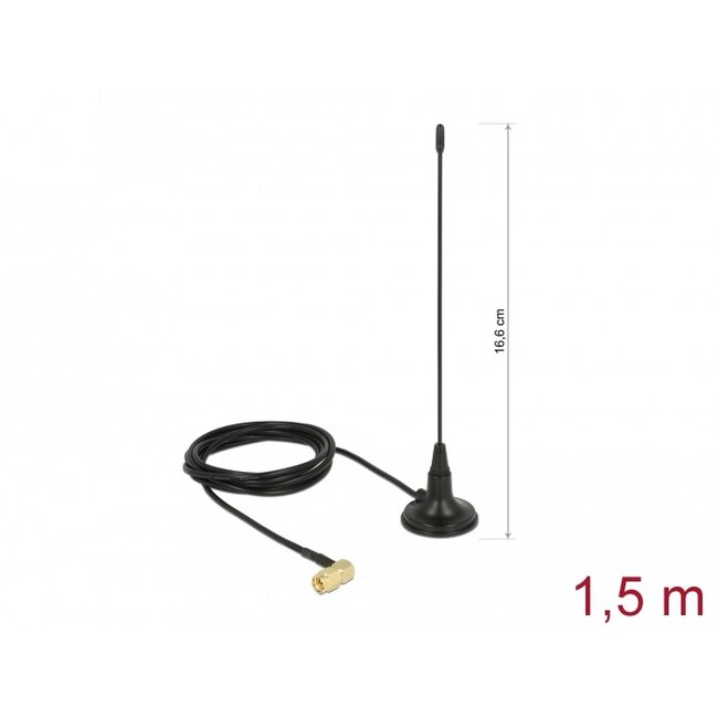 Delock 480 MHz Antenna SMA plug 90° 2.5 dBi fixed omnidirectional with magnetic base and connection cable RG-174 1.5 m outdoor black