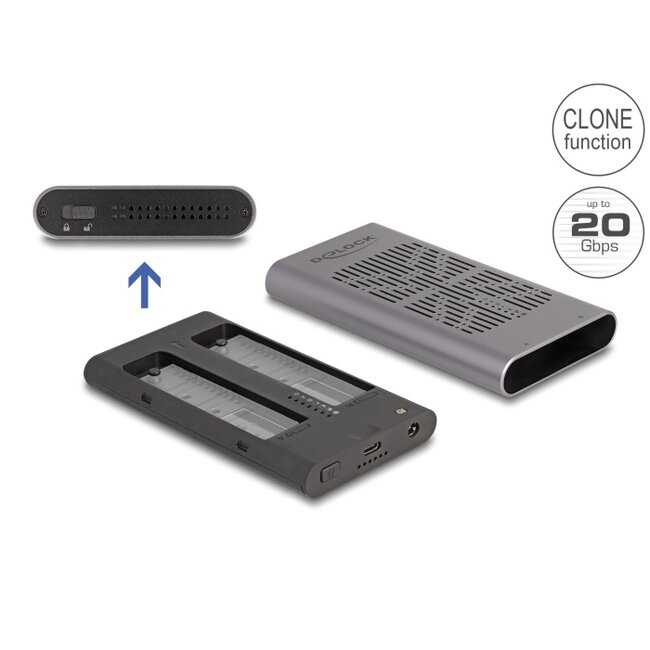 Delock External USB 20 Gbps Enclosure for 2 x M.2 NVMe PCIe SSD with USB Type-C™ female and Clone function