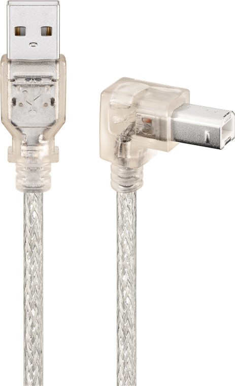 Goobay USB 2.0 AB 050 R/A HiSpeed? 0.5m. Snoerlengte: 0,5 m, Aansluiting 1: USB A, Aansluiting 2: USB B, Geslacht connector: Mannelijk/Mannelijk, Kleur van het product: Transparant