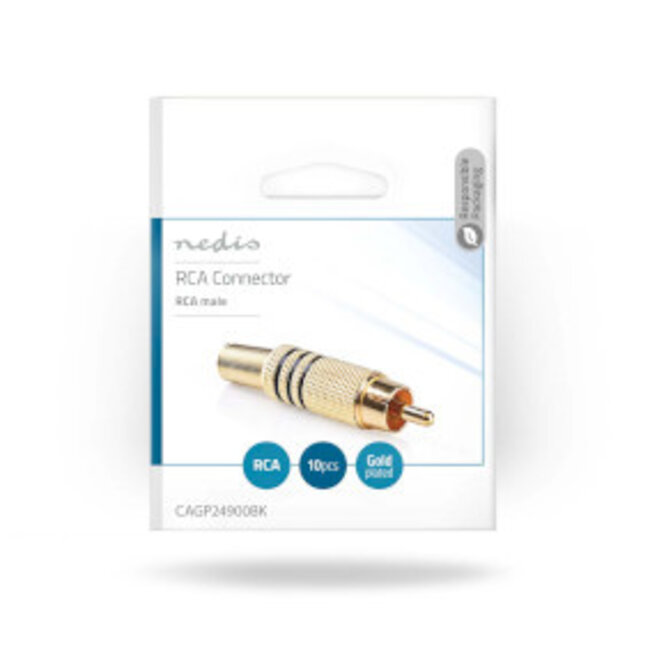 RCA-Connector | Recht | Male | Verguld | Soldeer | Diameter kabelinvoer: 7.0 mm | Metaal | Goud / Zwart | 10 Stuks | Polybag