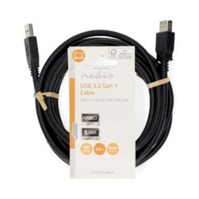 USB-Kabel | USB 3.2 Gen 1 | USB-A Male | USB-A Female | 5 Gbps | Vernikkeld | 3.00 m | Rond | PVC | Zwart | Label