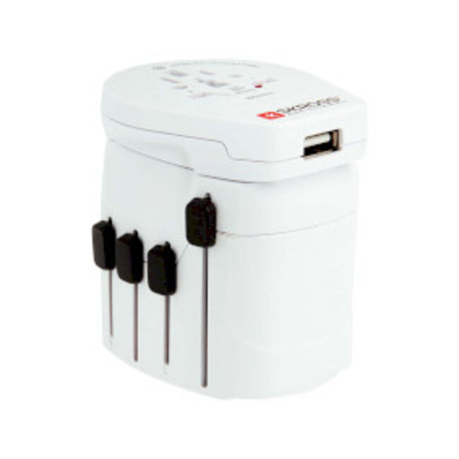 De krachtige 3-polige wereldreisadapter voor reizigers van over de hele wereld met USB-poort