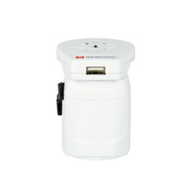 De krachtige 3-polige wereldreisadapter voor reizigers van over de hele wereld met USB-poort