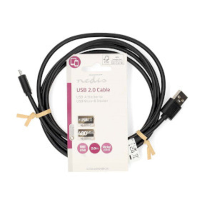 USB-Kabel | USB 2.0 | USB-A Male | USB Micro-B Male | 11 W | 480 Mbps | Vernikkeld | 2.00 m | Rond | PVC | Zwart | Label