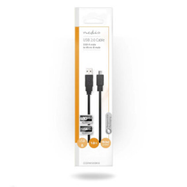 USB-Kabel | USB 2.0 | USB-A Male | USB Micro-B Male | 480 Mbps | Vernikkeld | 1.00 m | Plat | PVC | Zwart | Envelop
