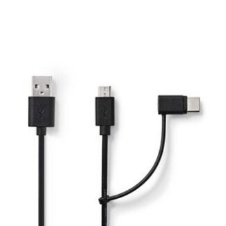 Nedis 2-in-1-Kabel | USB 2.0 | USB-A Male | USB Micro-B Male / USB-C™ Male | 480 Mbps | 1.00 m | Vernikkeld | Rond | PVC | Zwart | Blister