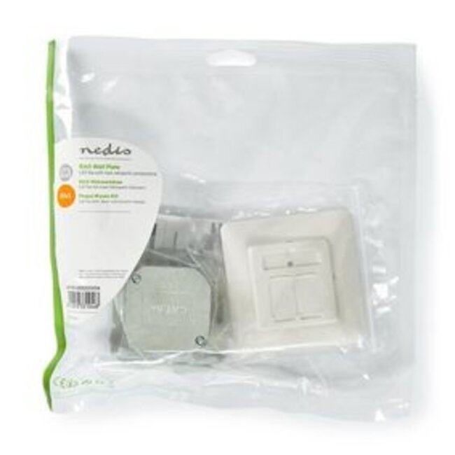 Netwerk Wanddoos | Inbouw | 2 poort(en) | CAT6a | Recht | Female | Goud Verguld | PVC | Wit | Polybag