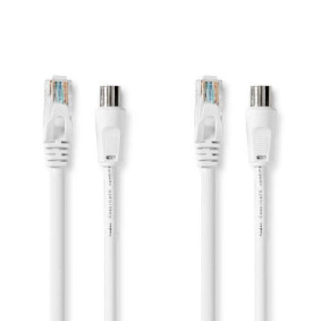 Coax- en CAT6-Combikabel | IEC (Coax) Male / RJ45 Male | IEC (Coax) Female / RJ45 Male | Vernikkeld | RG58 | 75 Ohm | Dubbel Afgeschermd | 3.00 m | Rond | PVC | Wit | Label