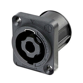 4-polige chassisconnector, zwarte D-maat flens, verzonken doorlopende gaten, 3/16 platte lipjes.