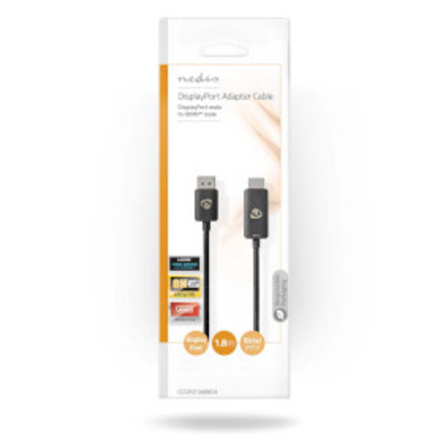 DisplayPort-Adapter | DisplayPort Male | HDMI™ Connector | 8K@30Hz | Vernikkeld | Recht | 1.80 m | Rond | TPE | Zwart | Envelop
