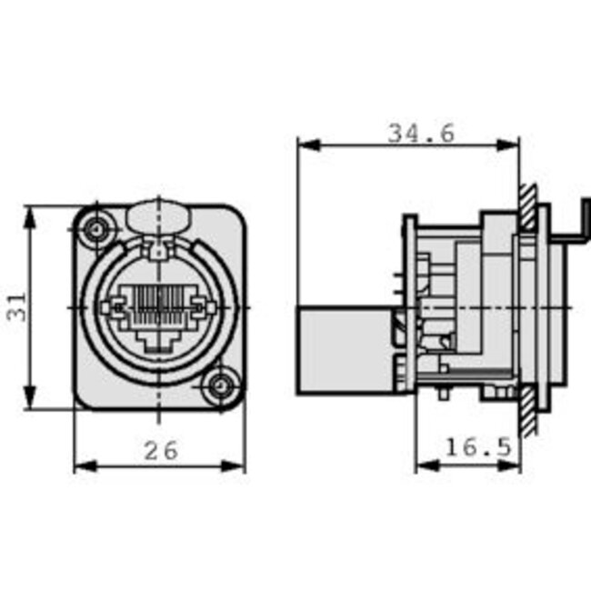 RJ45-doorvoerbus, D-vormige metalen flens met vergrendeling, inclusief montageschroeven