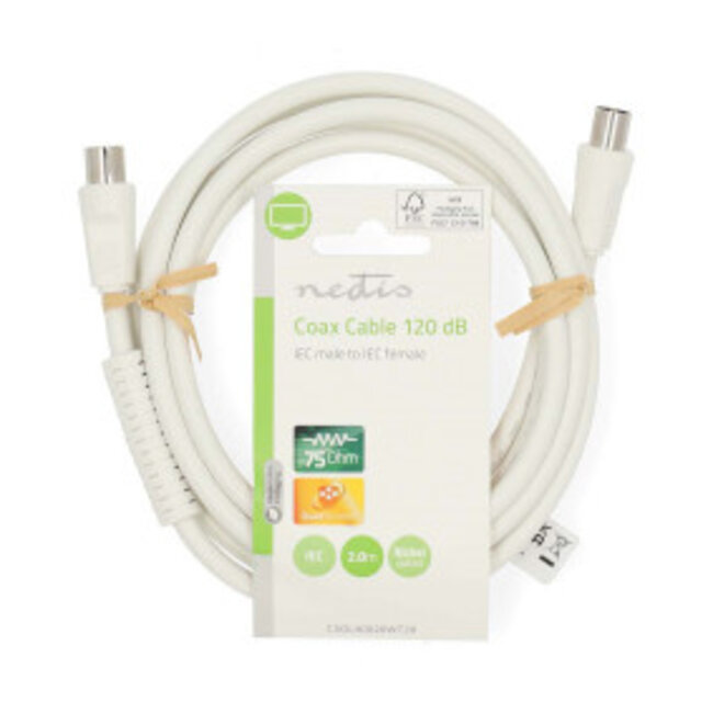 Coaxkabel | IEC (Coax) Male | IEC (Coax) Female | Vernikkeld | 120 dB | 75 Ohm | Viervoudig Afgeschermd | 2.00 m | Rond | PVC | Wit | Label