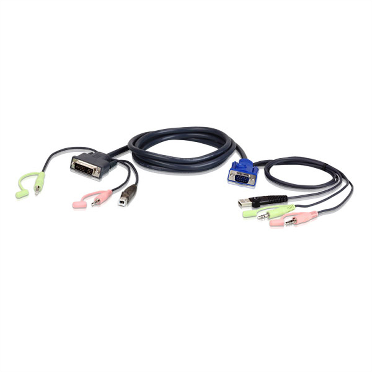 Aten 2L-7DX2U tussenstuk voor kabels HDB-15 Male, USB A, Mini Stereo Jack DVI-I (Single Link), USB B, Mini Stereo Jack Zwart, Groen, Roze