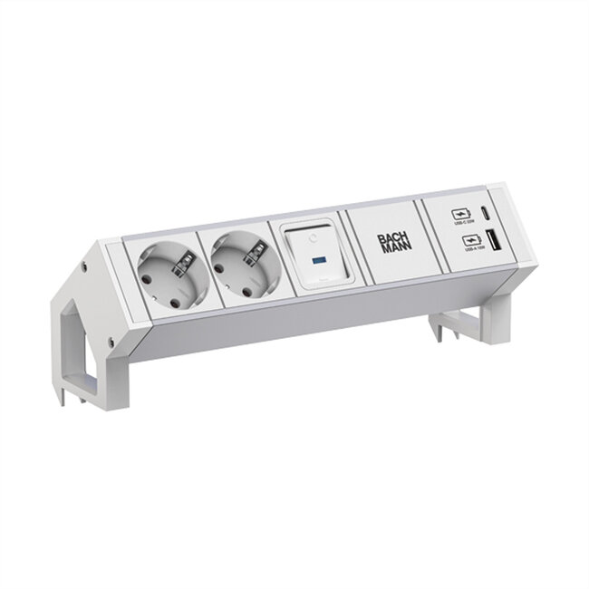 BACHMANN DESK2 ALU WIT 2xCEE7/3 1xSwitch 1xUSB A/C 22W 0,2m