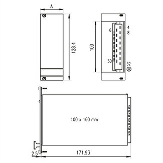 Schroff SCHROFF PSU frontpaneel voor Maxpower 100, enkel, 3 HE, 6 HE, afgeschermd, 2,5 mm, Al, geanodiseerd vooraan, geleidend achteraan