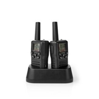 Nedis Walkie talkie Set | 2 Handsets | Tot 10 km | Frequentiekanalen: 8 | PTT / VOX | tot 6 uur | Oplaadstation inbegrepen | Koptelefoonoutput | Zwart