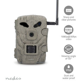 Nedis Wildcamera - 1080p@30fps - 30.0 MPixel - 2 MPixel CMOS - IP66 - Zwart No-Glow IR - Nachtzicht - Kijkhoek: 50 ° - Bewegingssensor - Detectiehoek: 50 ° - Detectiebereik: 20 m -