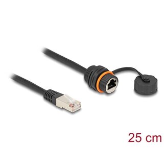 DeLOCK Delock Cable RJ45 plug to RJ45 jack Cat.6A for built-in with M20 thread and protective cap IP68 dust and waterproof 25 cm black