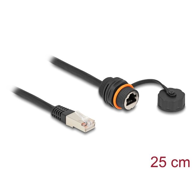 Delock Cable RJ45 plug to RJ45 jack Cat.6A for built-in with M20 thread and protective cap IP68 dust and waterproof 25 cm black